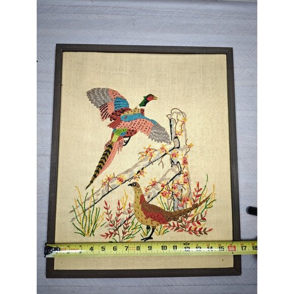 Vintage Completed Framed Crewel Embroidery Ring Neck Pheasant Scene On Linen - Picture 9 of 9